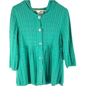 VTG Ann Taylor Loft Hooded Button Up Sweater Sz XL Green Cable Knit Cottage Twee